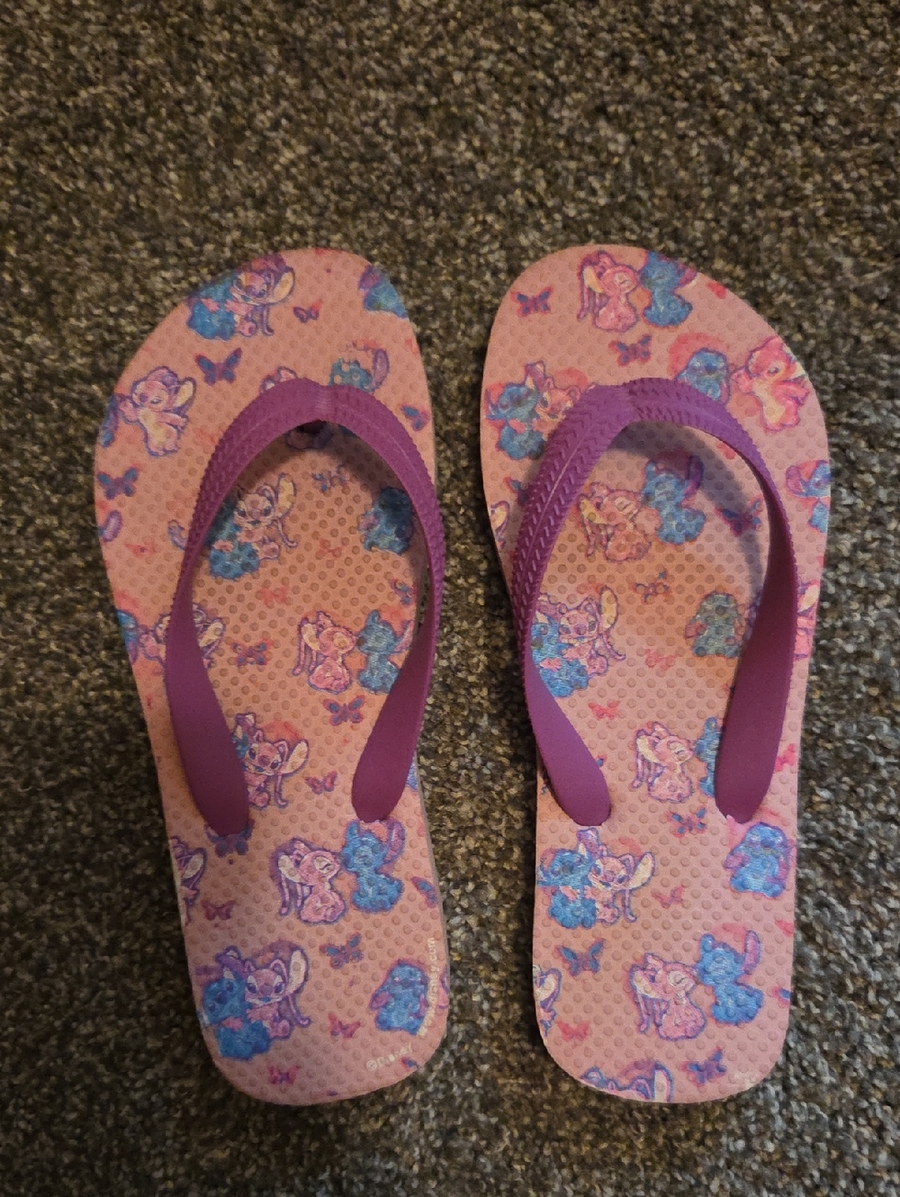 Pink Stitch Print Flip Flops with Purple Straps